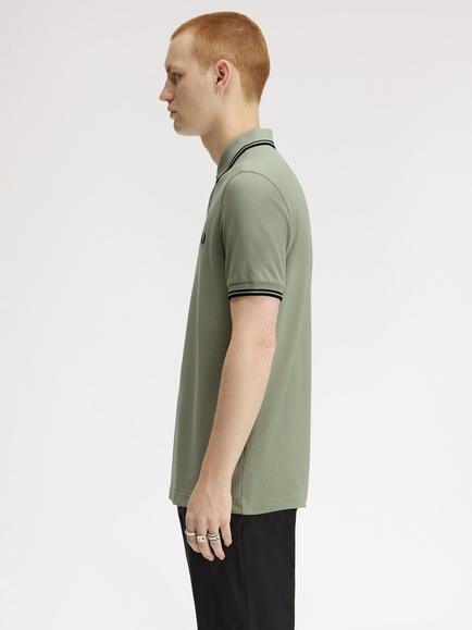 Fred Perry Twin Tipped Cotton Regular Fit Short Sleeve Polo Shirt, Seagrass/Black - view 2, Seagrass/Black