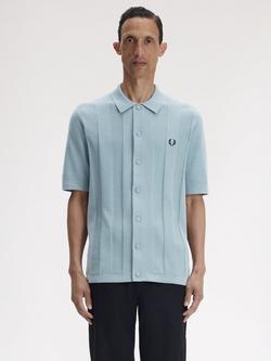 Fred Perry Tonal Vertical Stripe Cotton Knitted Shirt, Stockport Blue, Stockport Blue
