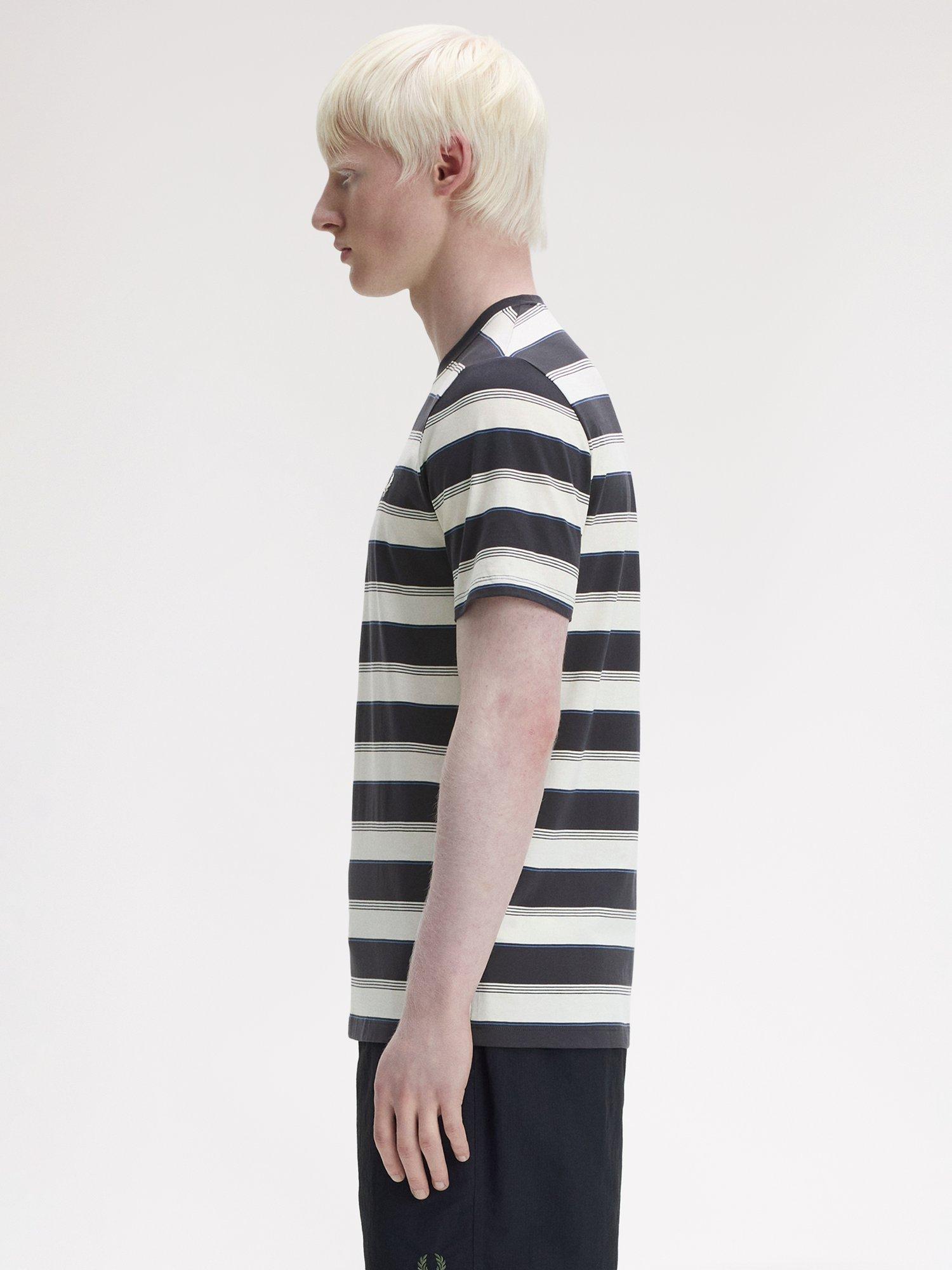 Product image 2 of 5, which shows Fred Perry Cotton Fine Stripe T-Shirt, Anchor Grey, S