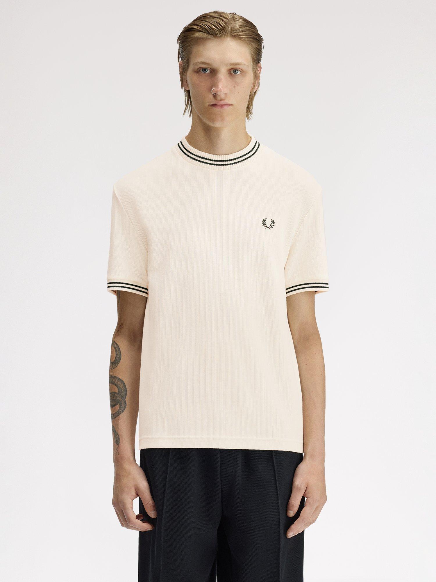 Product image 1 of 5, which shows Fred Perry Cotton Ribbed Jersey T-Shirt, Ecru, S