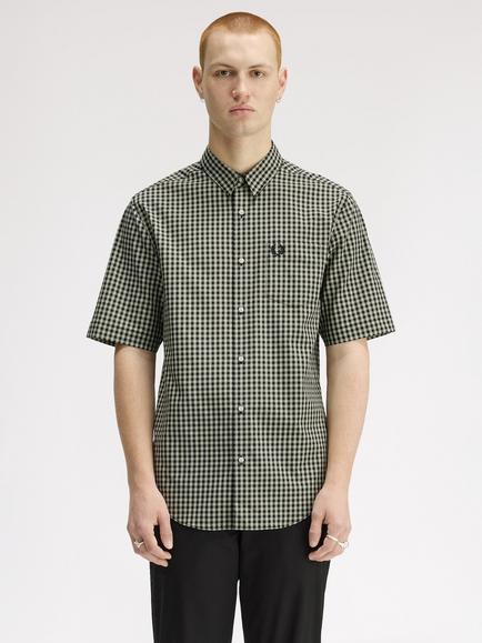 Fred Perry Cotton Two Tone Gingham Short Sleeve Shirt, Seagrass, Seagrass