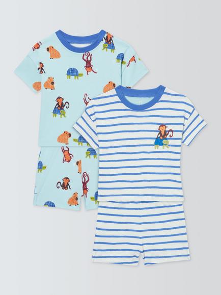 John Lewis Baby Monkey Short Pyjamas, Pack of 2, Blue Multi, Blue Multi