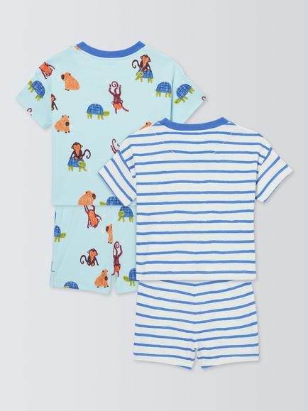 John Lewis Baby Monkey Short Pyjamas, Pack of 2, Blue Multi - view 2, Blue Multi