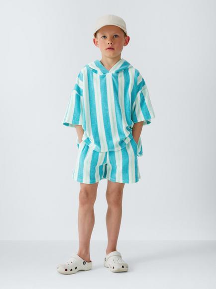 John Lewis Kids' Striped Towelling Hoodie and Shorts, Blue/Multi - view 2, Blue Multi