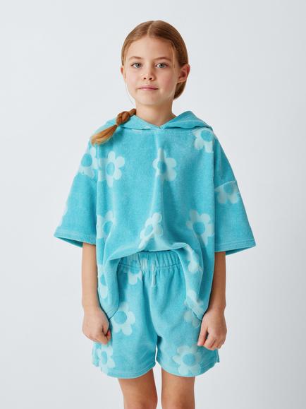 John Lewis Kids' Flowers Towelling Top and Shorts Set, Blue, Blue