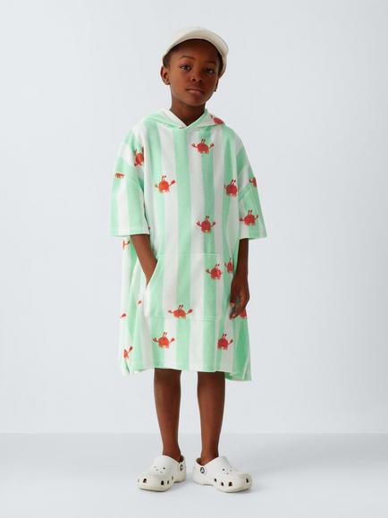 John Lewis Kids' Crab Stripe Towelling Poncho, Green - view 2, Green