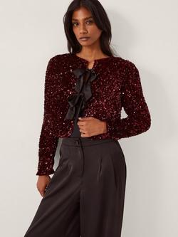 Monsoon Belinda Bow Sequin Jacket, Berry, Berry
