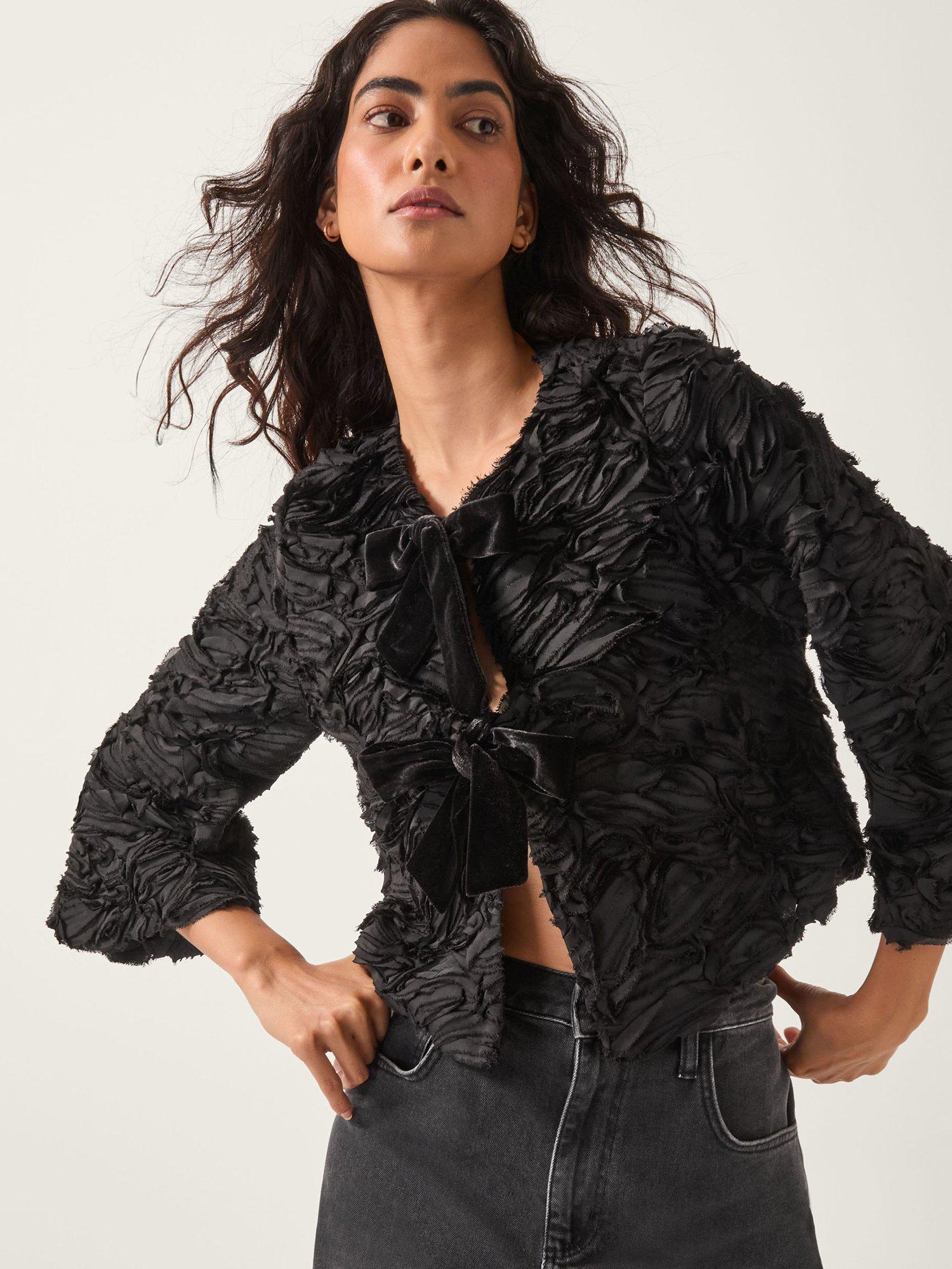 Product image 1 of 5, which shows Monsoon Tia Bouquet Tie Front Jacket, Black, S