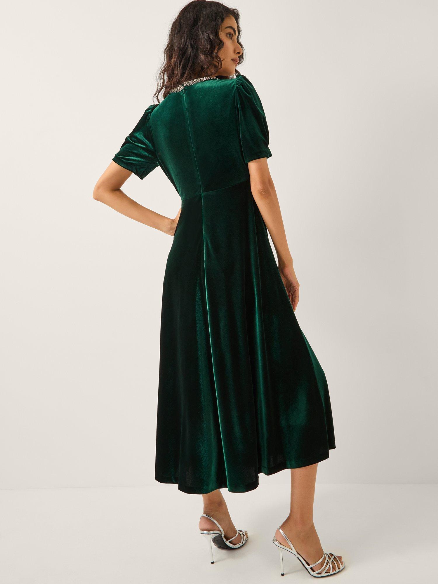 Product image 2 of 5, which shows Monsoon Celeste Velvet Midi Dress, Dark Green, 20