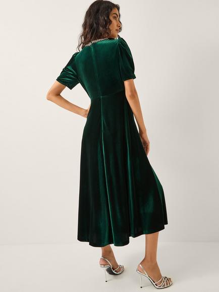 Monsoon Celeste Velvet Midi Dress - view 2, Dark Green