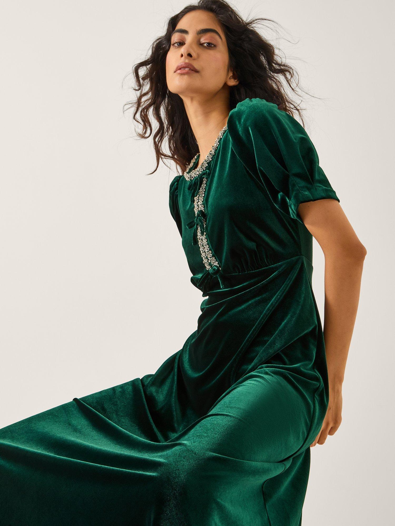 Product image 3 of 5, which shows Monsoon Celeste Velvet Midi Dress, Dark Green, 20