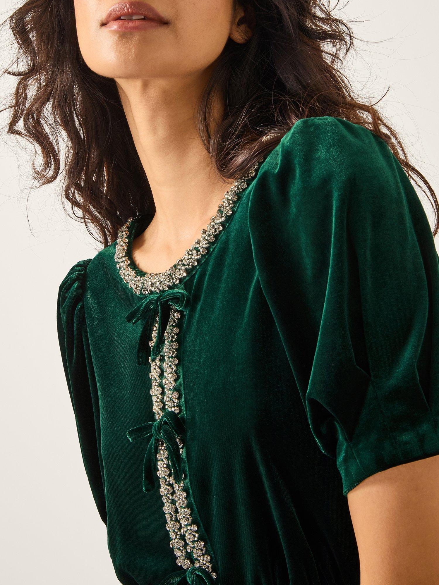 Product image 4 of 5, which shows Monsoon Celeste Velvet Midi Dress, Dark Green, 20