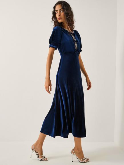 Monsoon Celeste Velvet Midi Dress, Navy