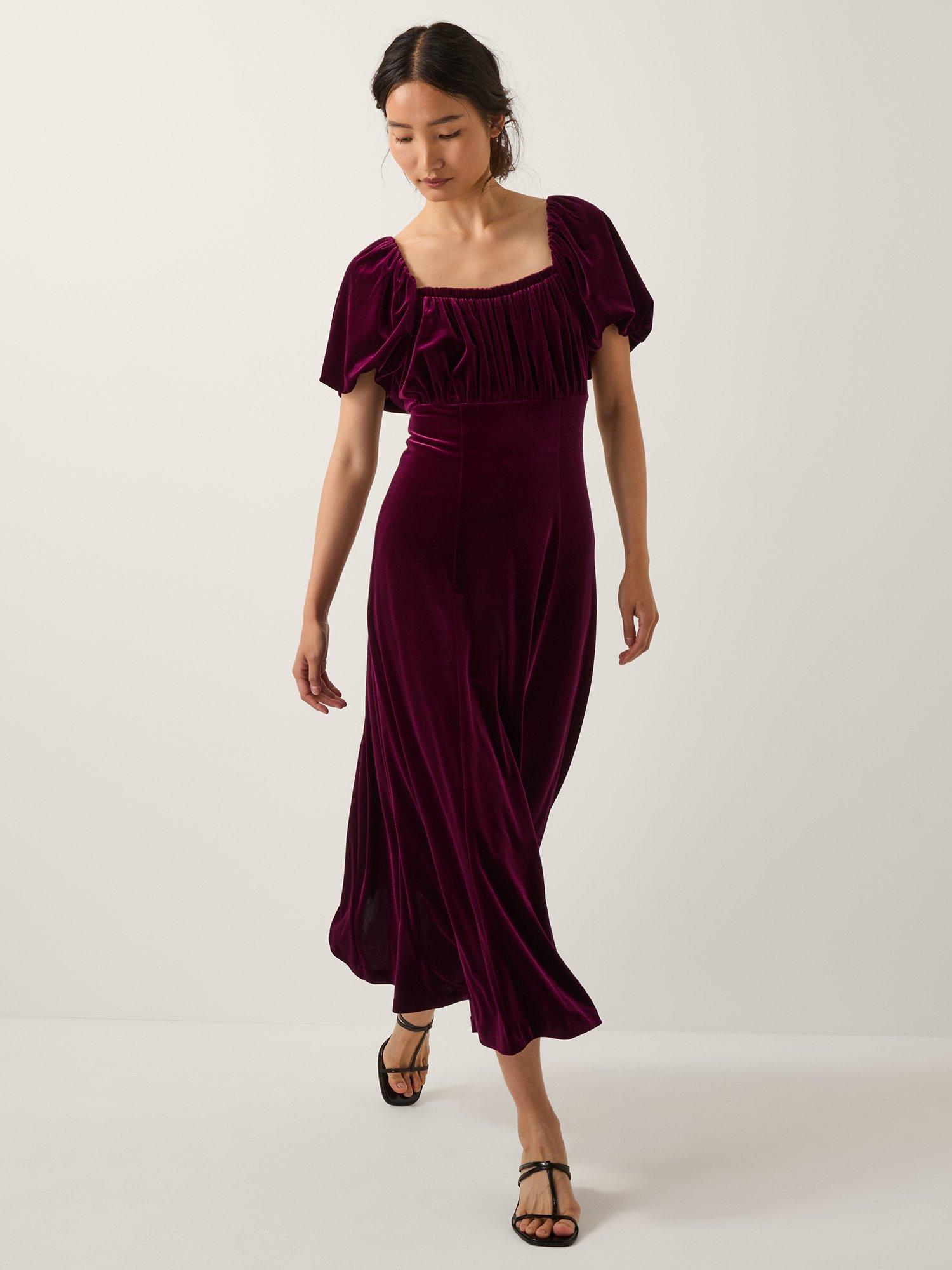 Product image 1 of 5, which shows Monsoon Cynthia Floral Midi Dress, Burgundy, 8