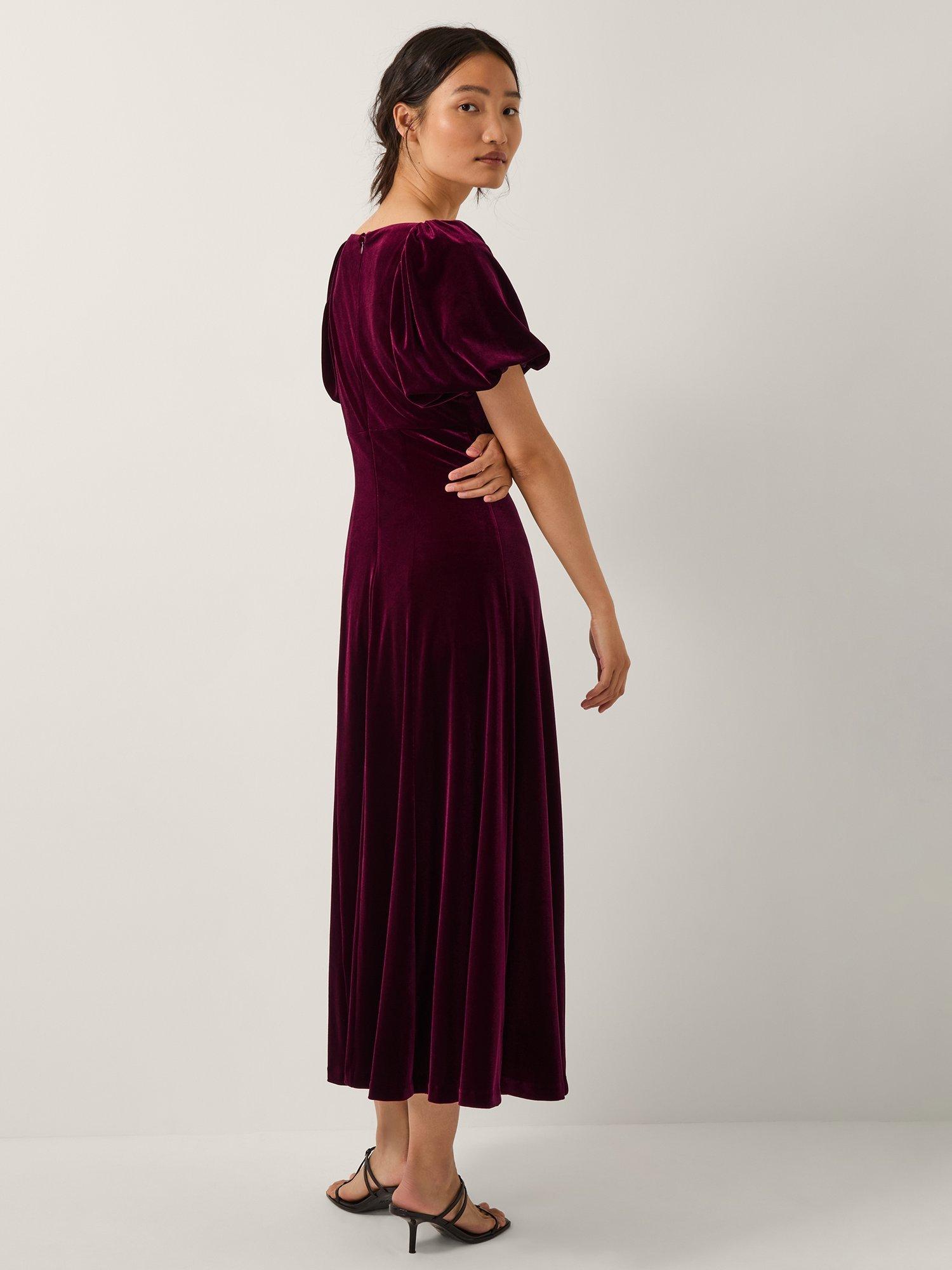 Product image 2 of 5, which shows Monsoon Cynthia Floral Midi Dress, Burgundy, 8