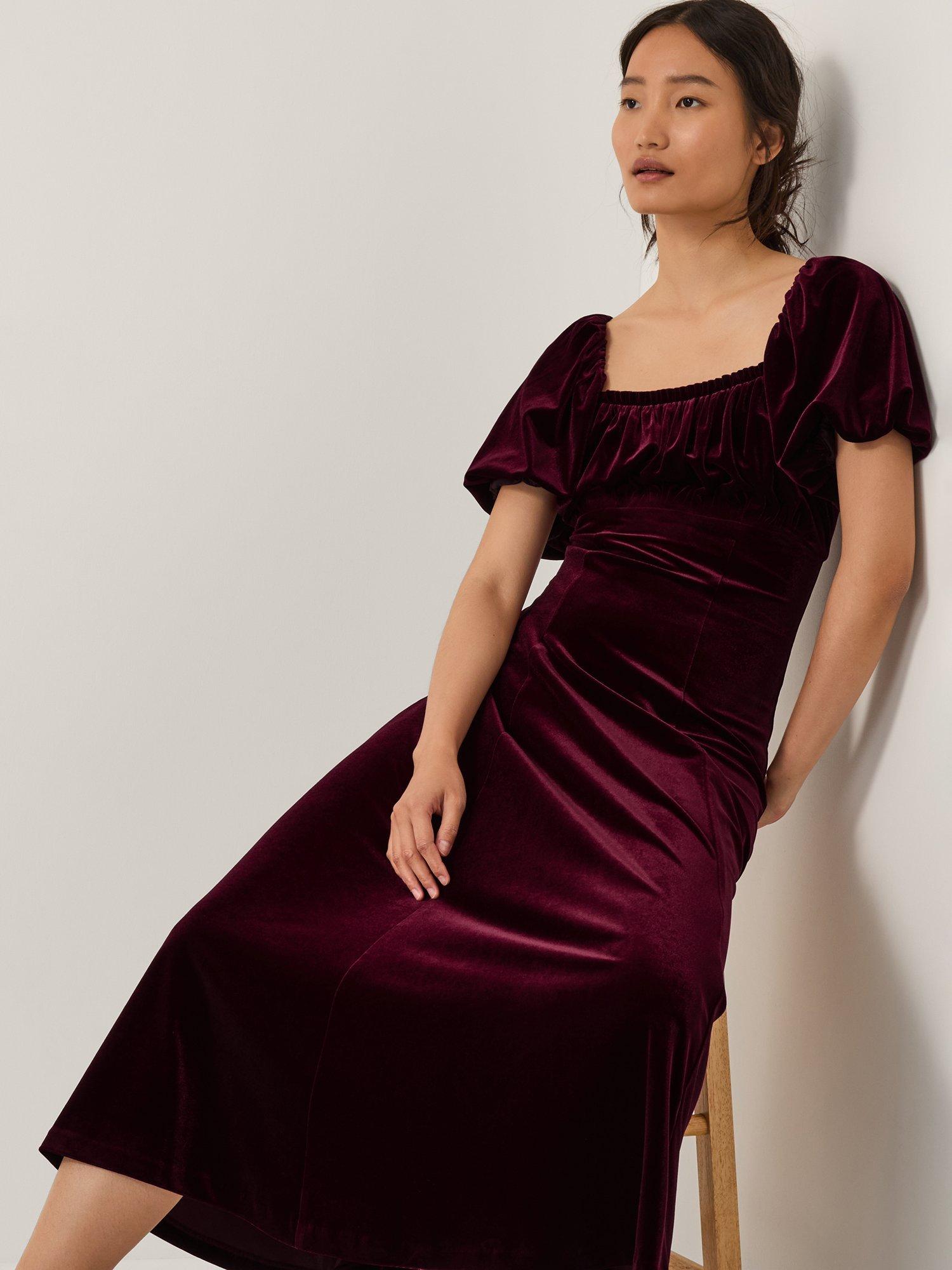 Product image 3 of 5, which shows Monsoon Cynthia Floral Midi Dress, Burgundy, 8