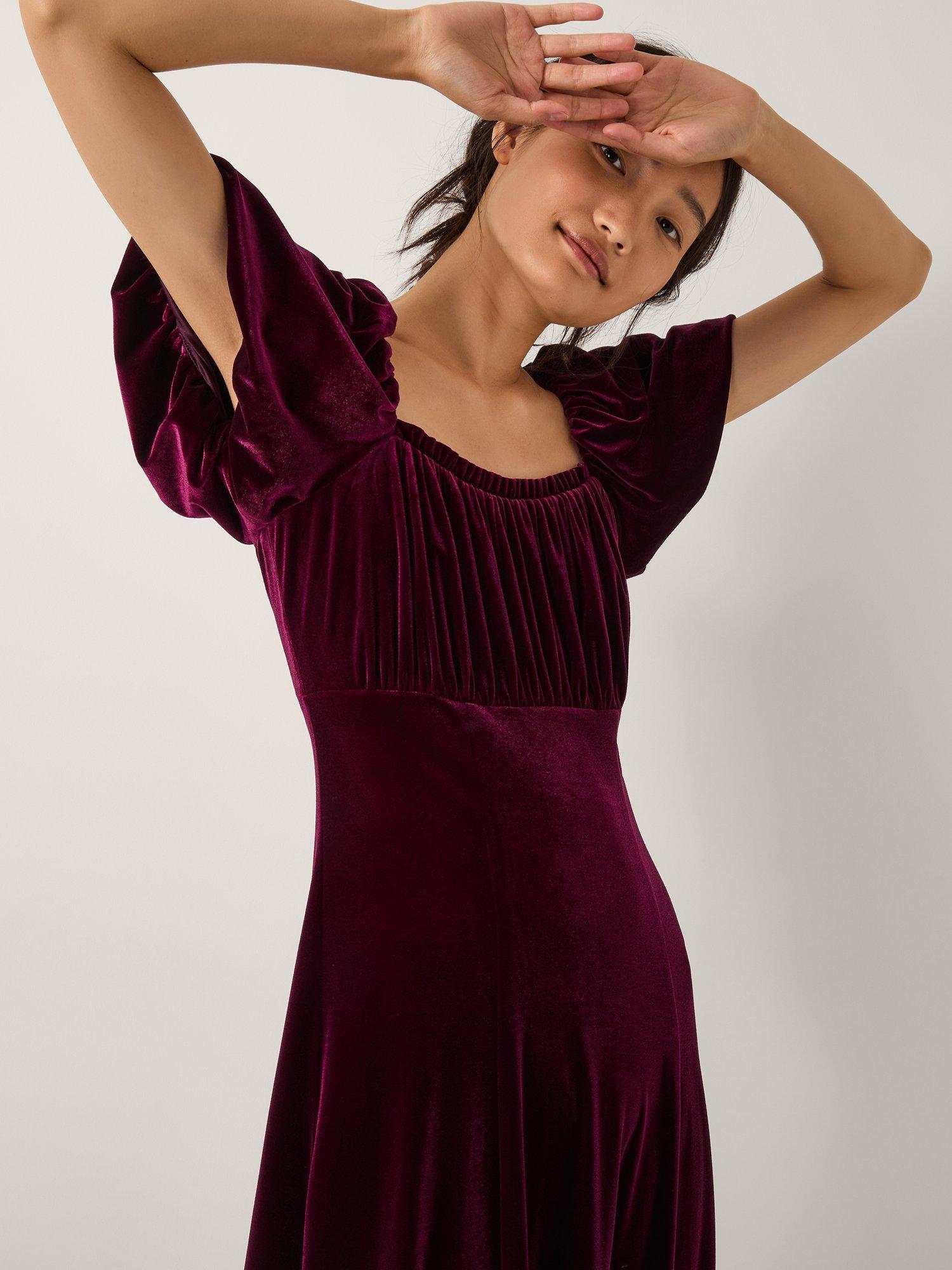 Product image 4 of 5, which shows Monsoon Cynthia Floral Midi Dress, Burgundy, 8