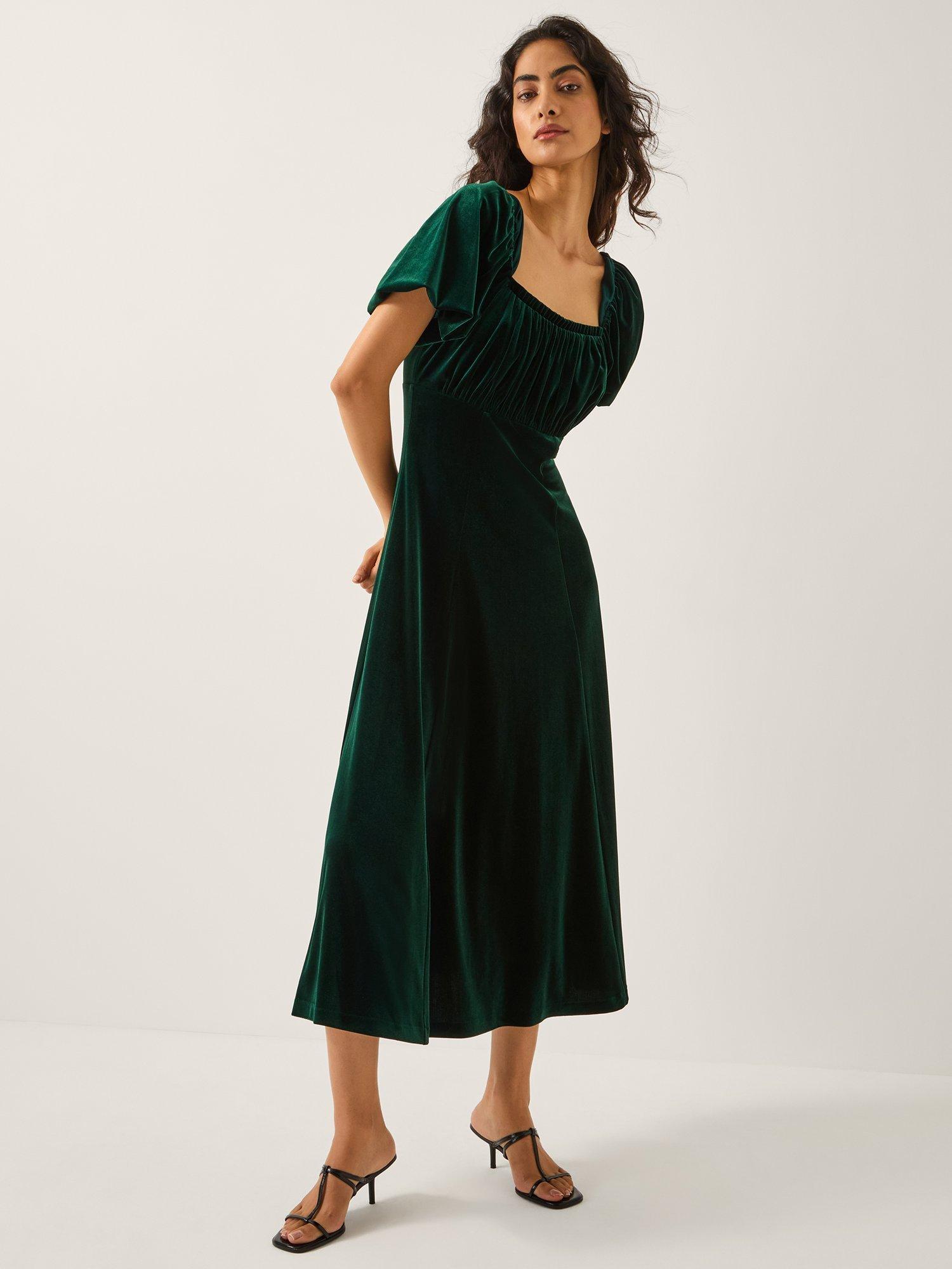 Product image 1 of 5, which shows Monsoon Cynthia Floral Midi Dress, Dark Green, 8