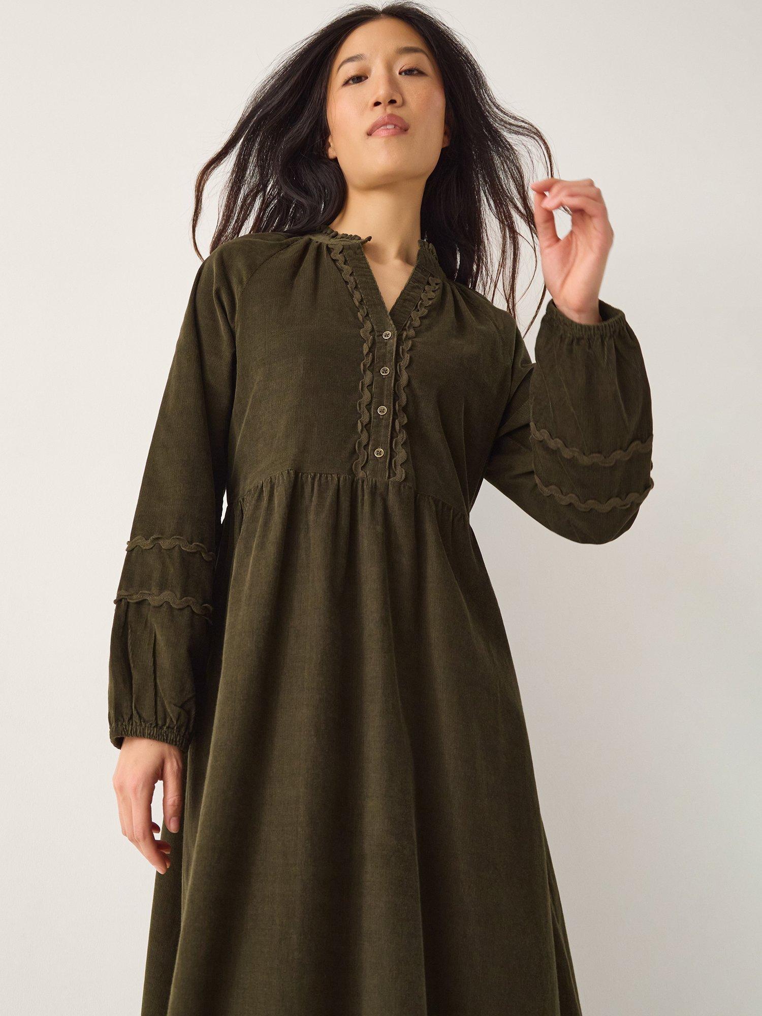 Monsoon Zola Corduroy Midi Dress, Khaki