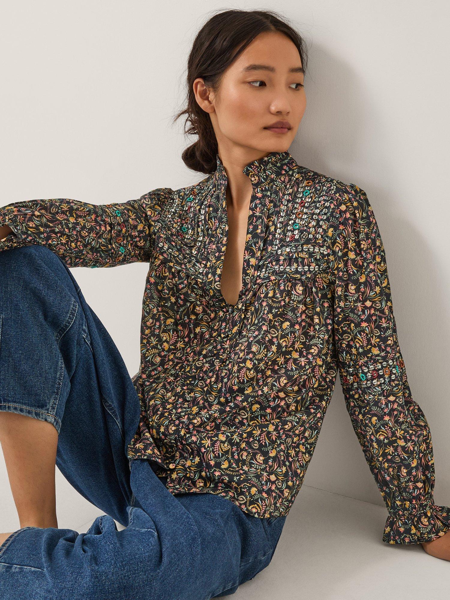 Product image 1 of 5, which shows Monsoon Harriet Floral Frill Blouse, Black/Multi, S