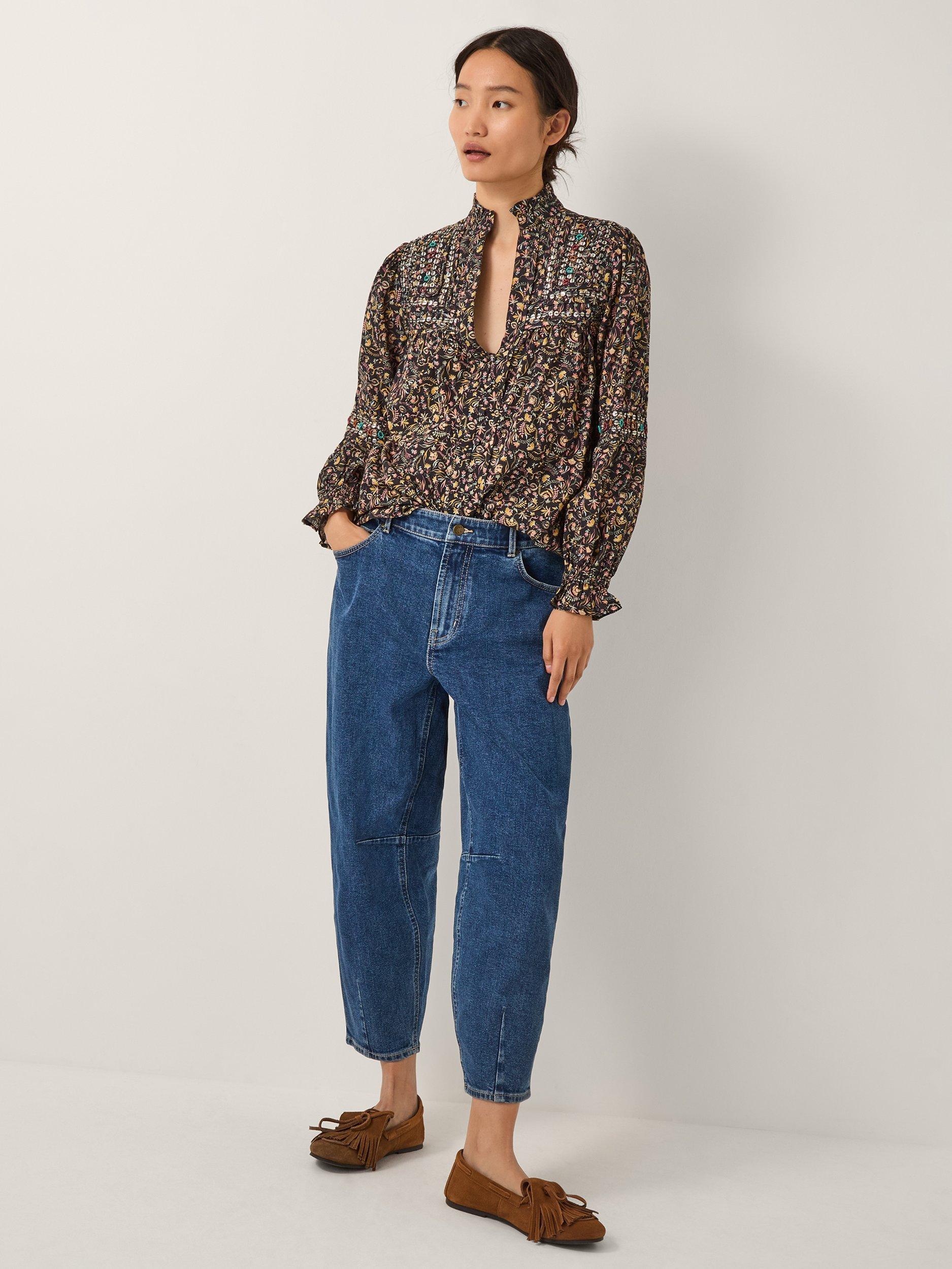 Product image 3 of 5, which shows Monsoon Harriet Floral Frill Blouse, Black/Multi, S