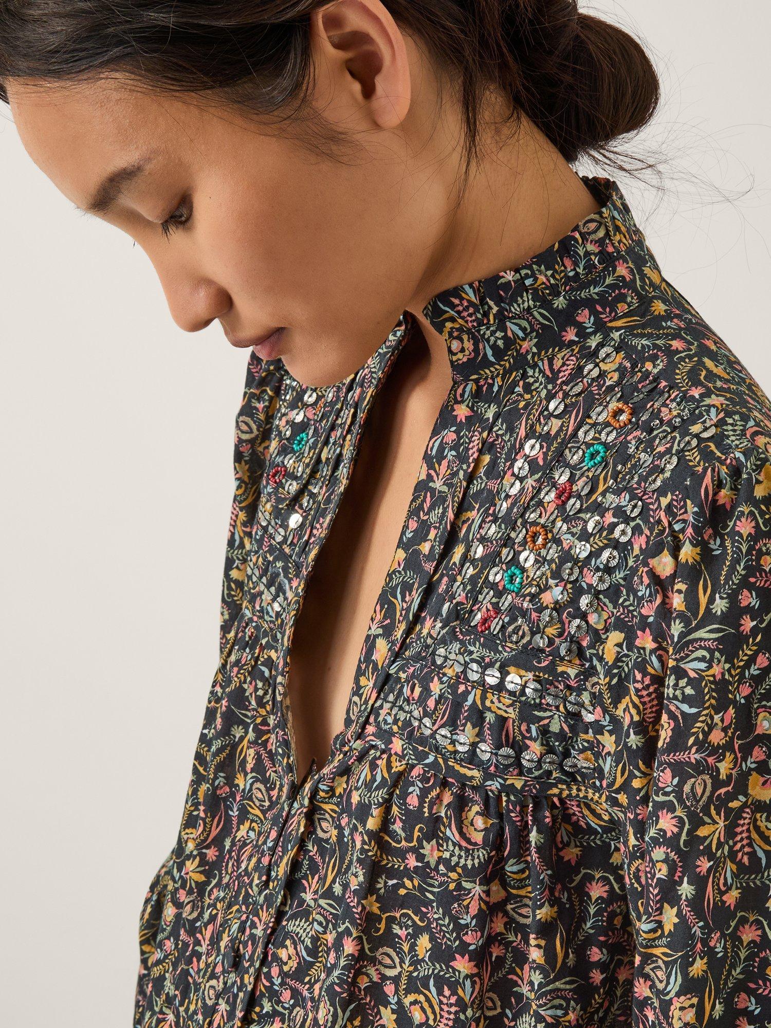 Product image 4 of 5, which shows Monsoon Harriet Floral Frill Blouse, Black/Multi, S