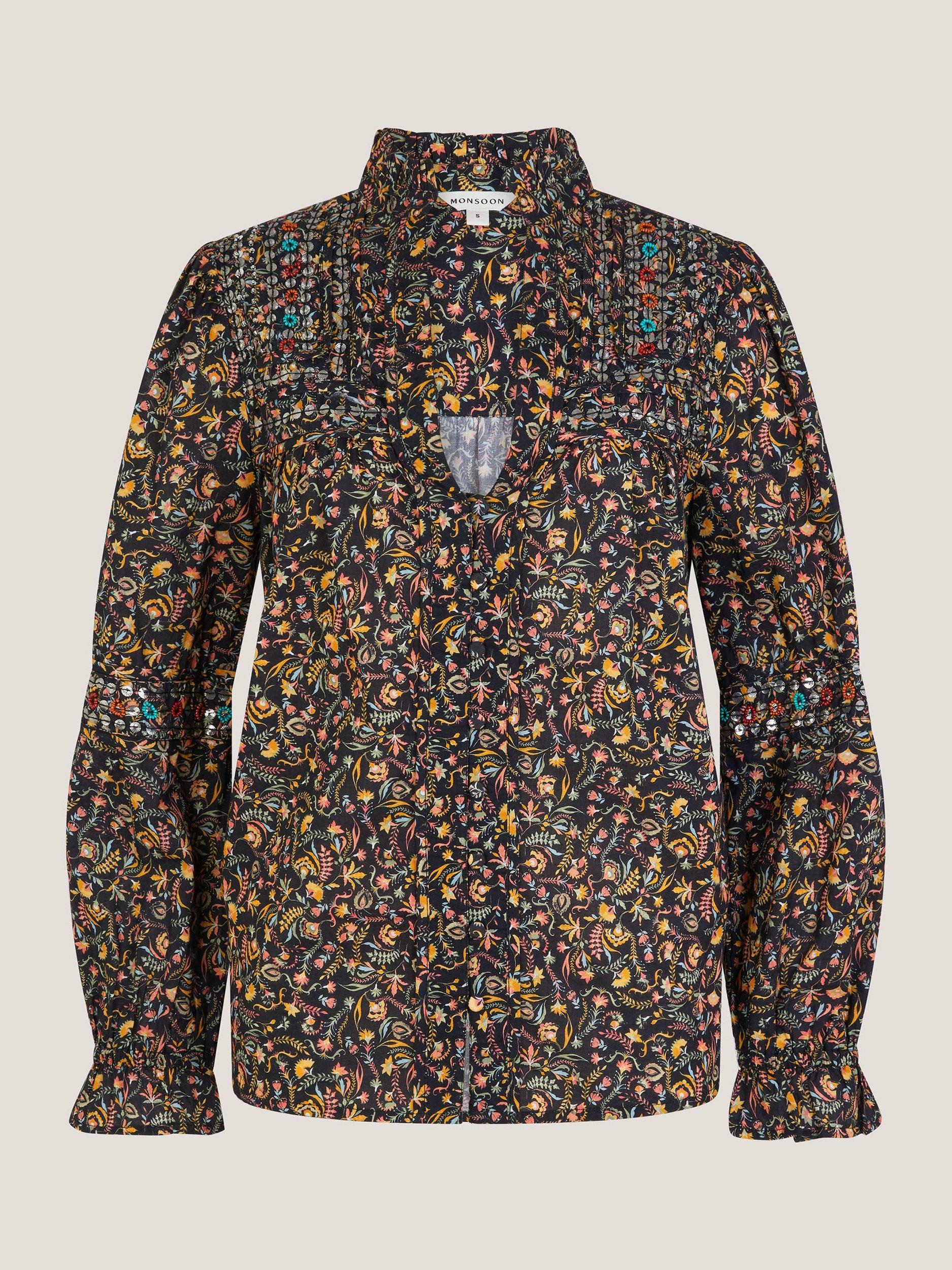 Product image 5 of 5, which shows Monsoon Harriet Floral Frill Blouse, Black/Multi, S