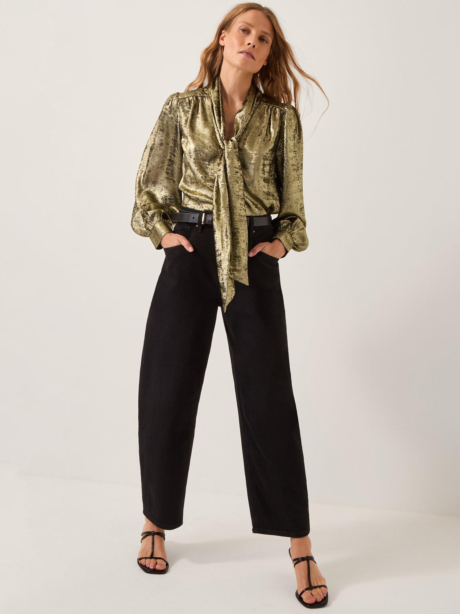 Product image 3 of 5, which shows Monsoon Milena Tie Neck Blouse, Gold, 18