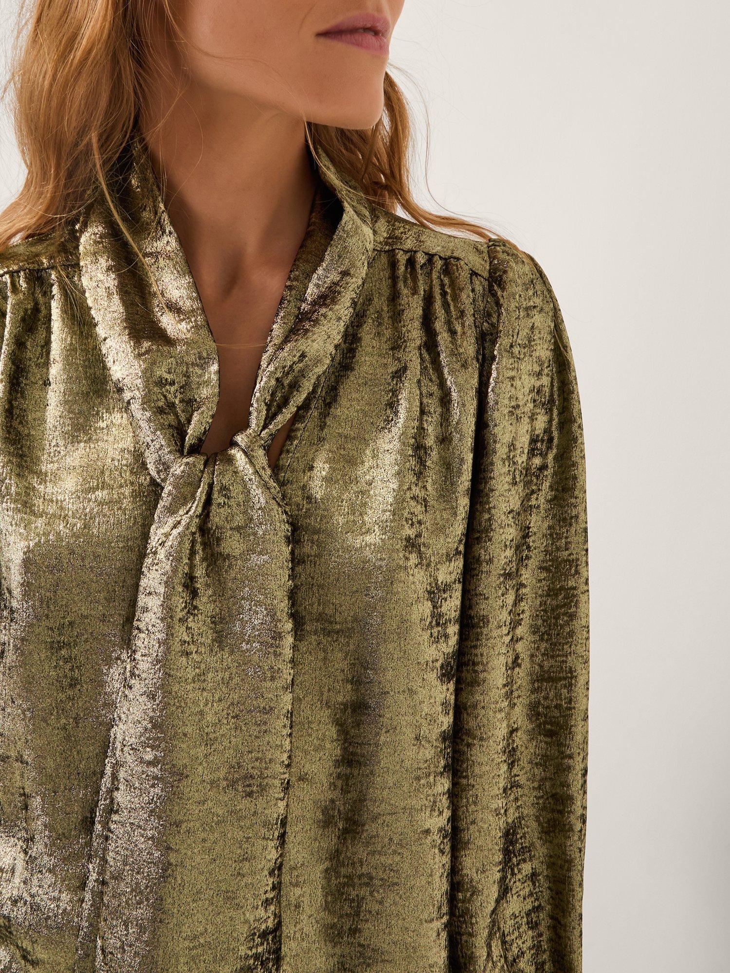 Product image 4 of 5, which shows Monsoon Milena Tie Neck Blouse, Gold, 18