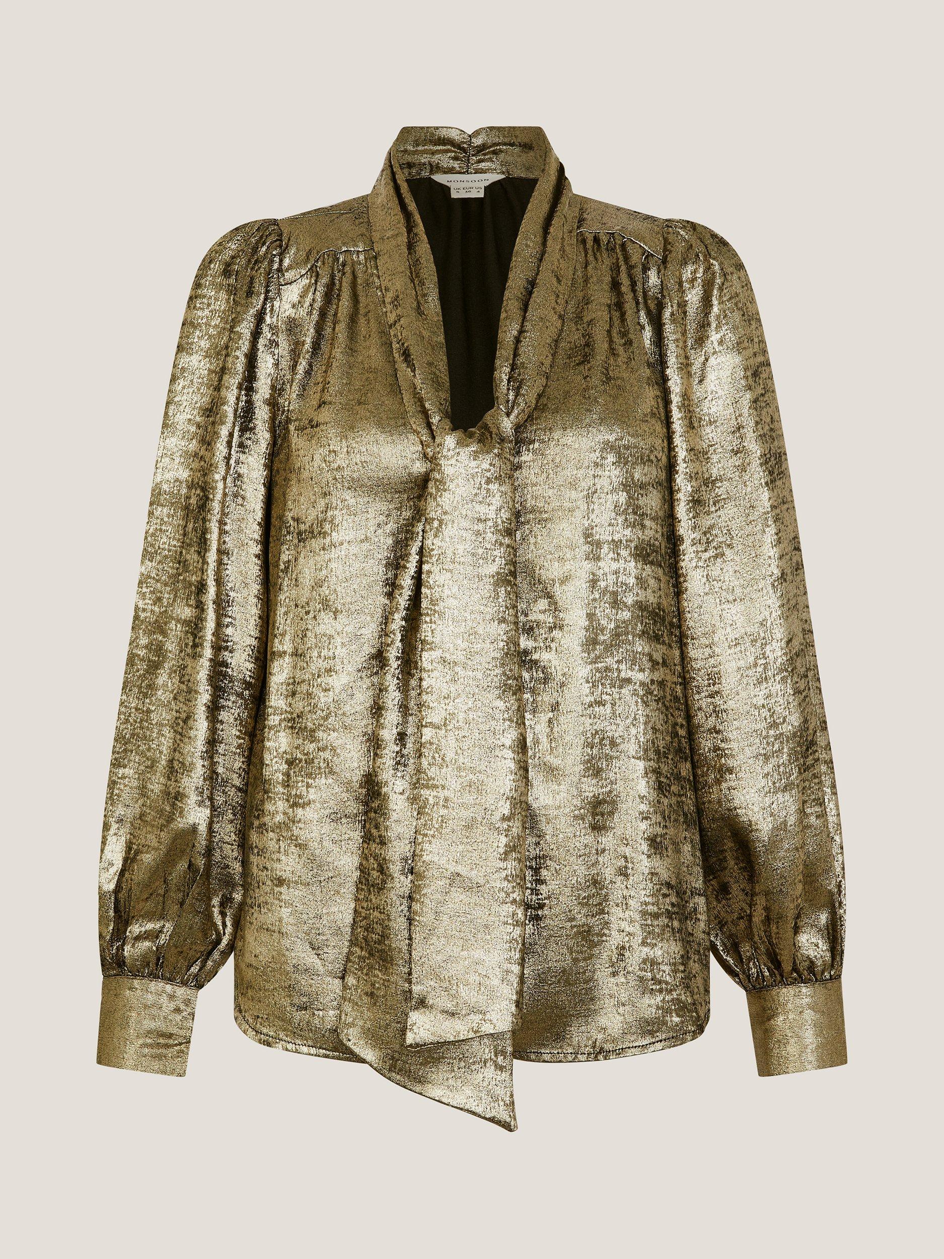 Product image 5 of 5, which shows Monsoon Milena Tie Neck Blouse, Gold, 18
