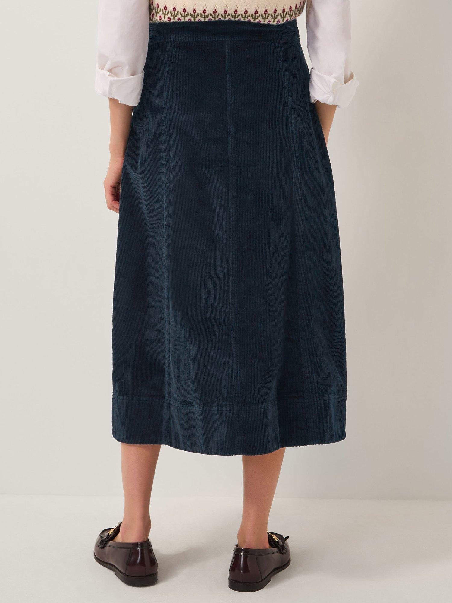 Product image 2 of 5, which shows Monsoon Jamie Button Corduroy Mini Skirt, Navy, 8