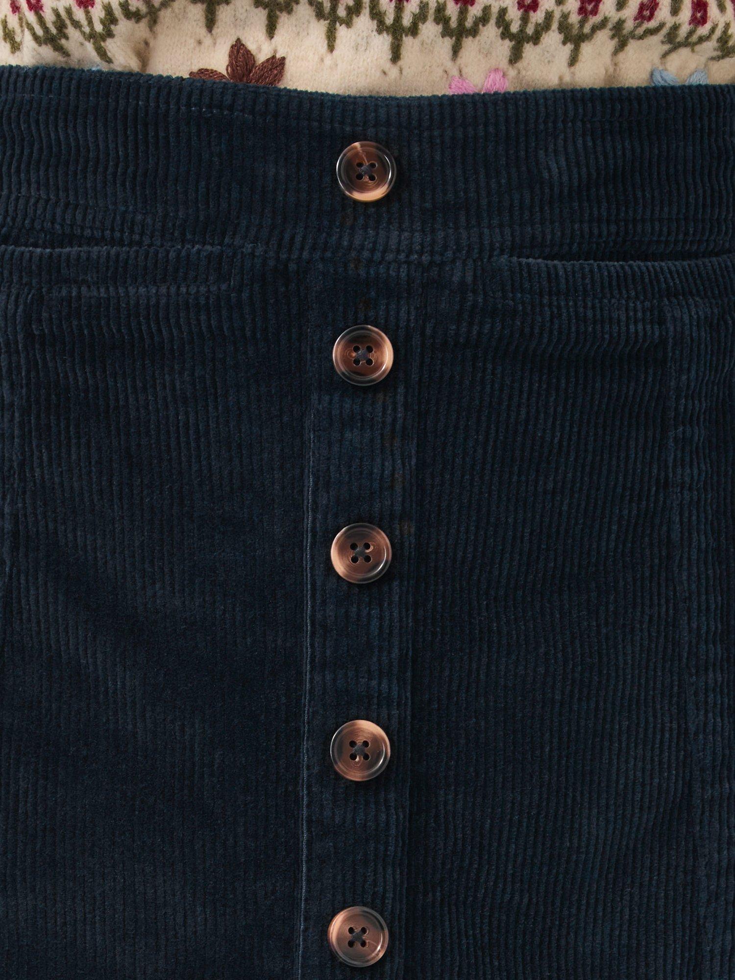 Product image 4 of 5, which shows Monsoon Jamie Button Corduroy Mini Skirt, Navy, 8