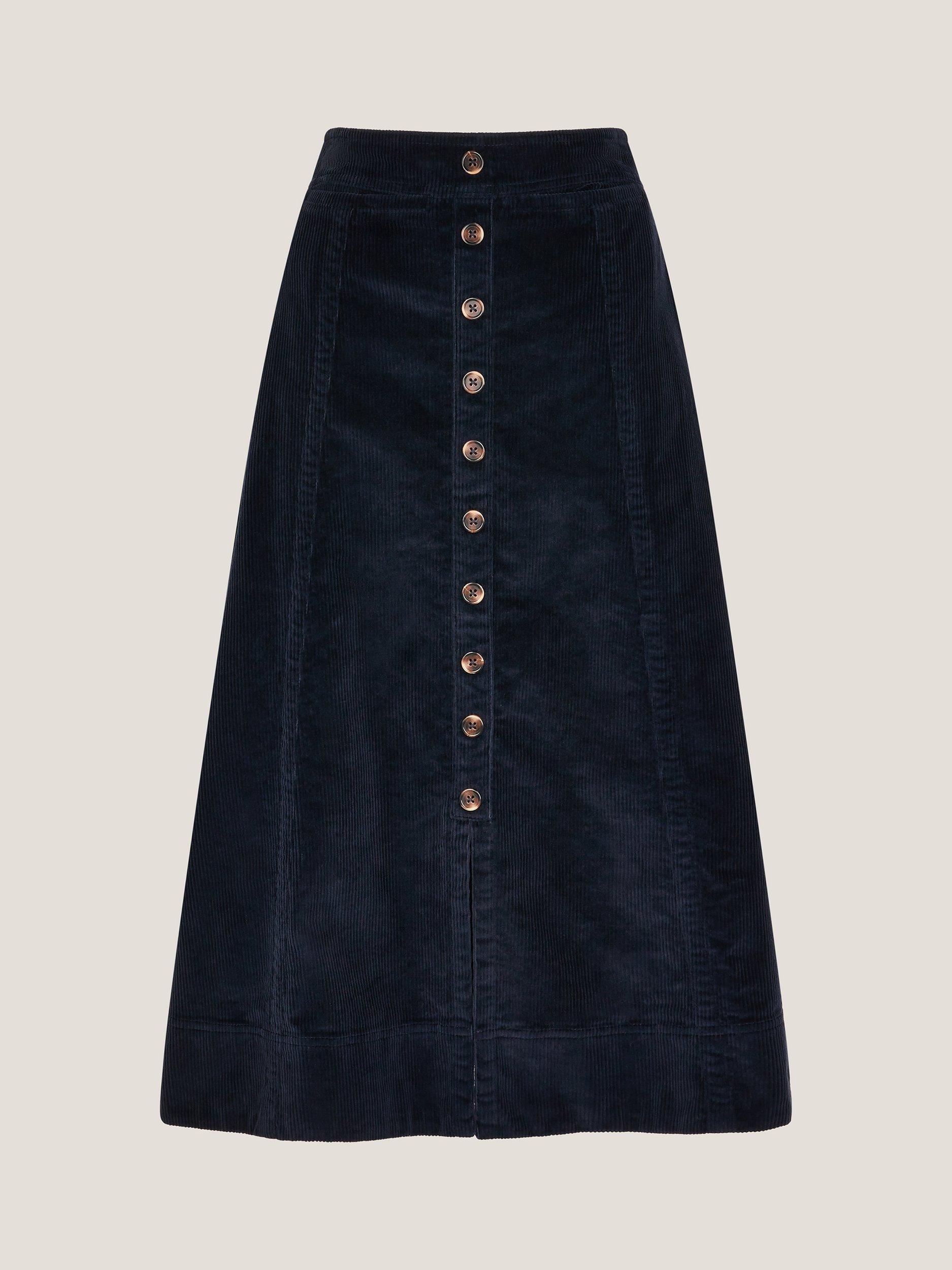 Product image 5 of 5, which shows Monsoon Jamie Button Corduroy Mini Skirt, Navy, 8