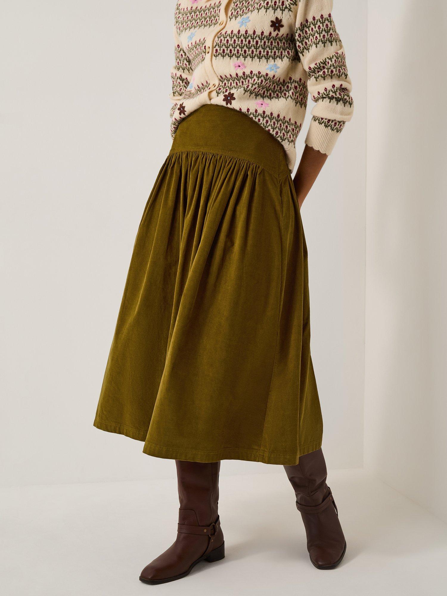Product image 1 of 5, which shows Monsoon Jenny Corduroy Midi Skirt, Chartreuse, 14