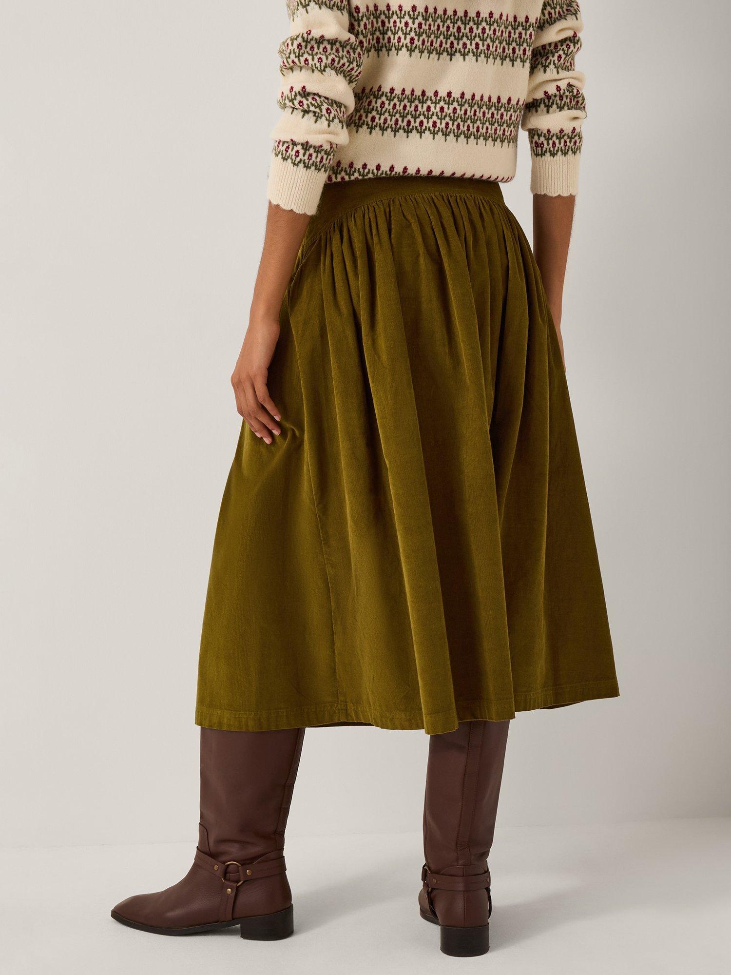 Product image 2 of 5, which shows Monsoon Jenny Corduroy Midi Skirt, Chartreuse, 14