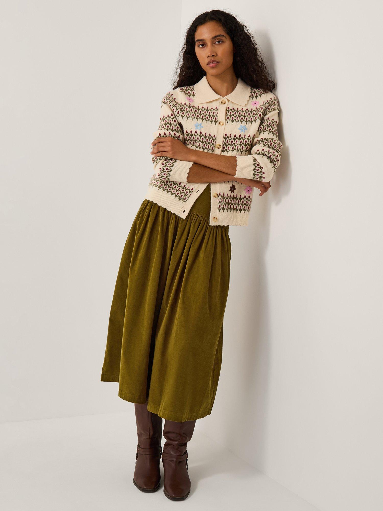 Product image 3 of 5, which shows Monsoon Jenny Corduroy Midi Skirt, Chartreuse, 14