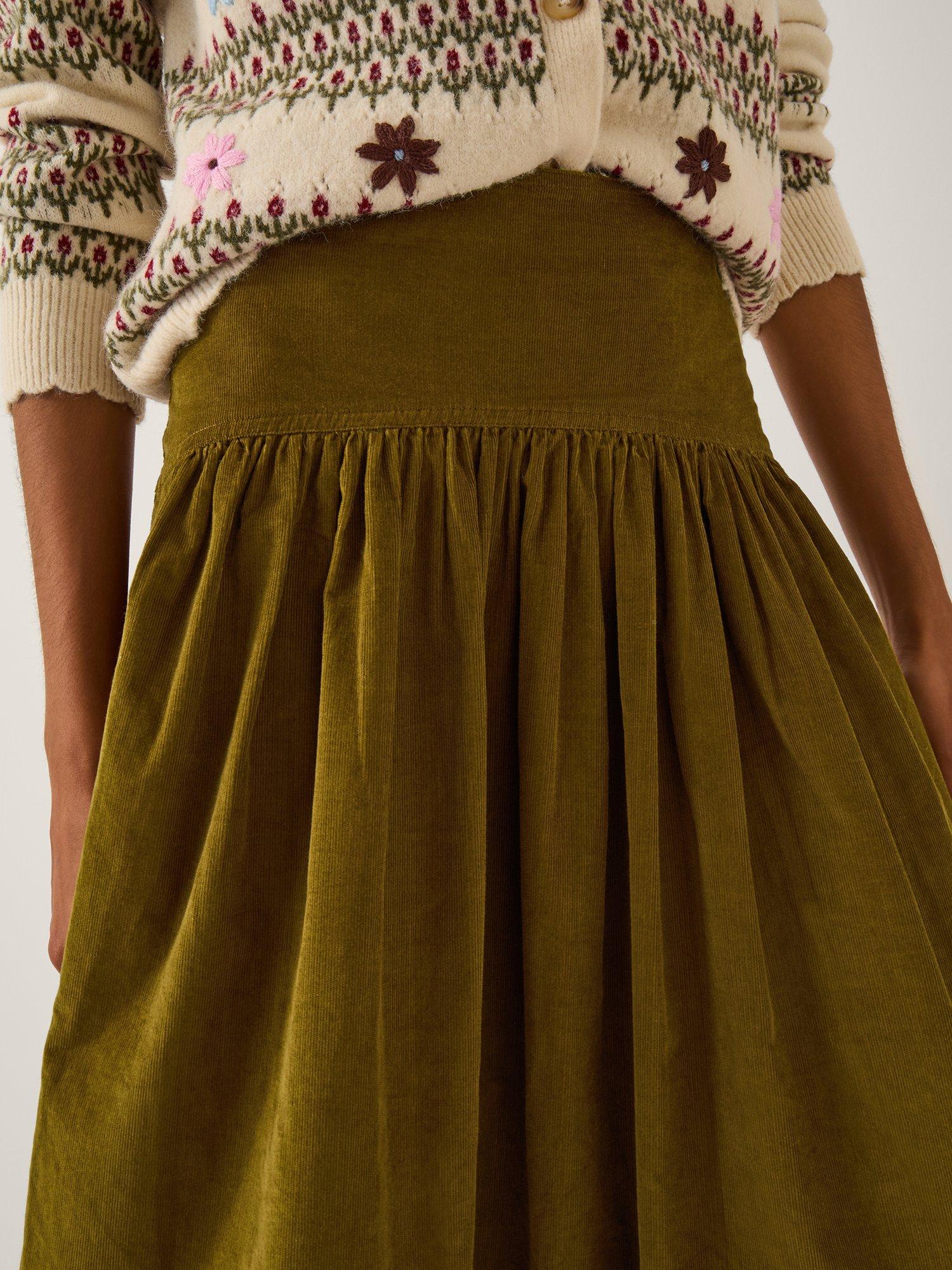 Product image 4 of 5, which shows Monsoon Jenny Corduroy Midi Skirt, Chartreuse, 14
