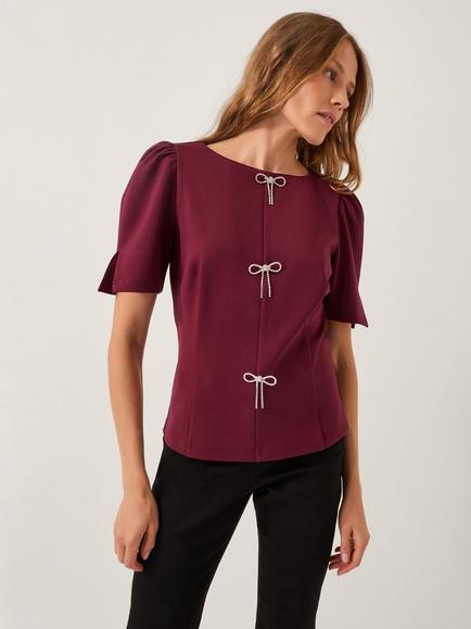 Monsoon Brooke Diamante Bow Top, Burgundy, Burgundy