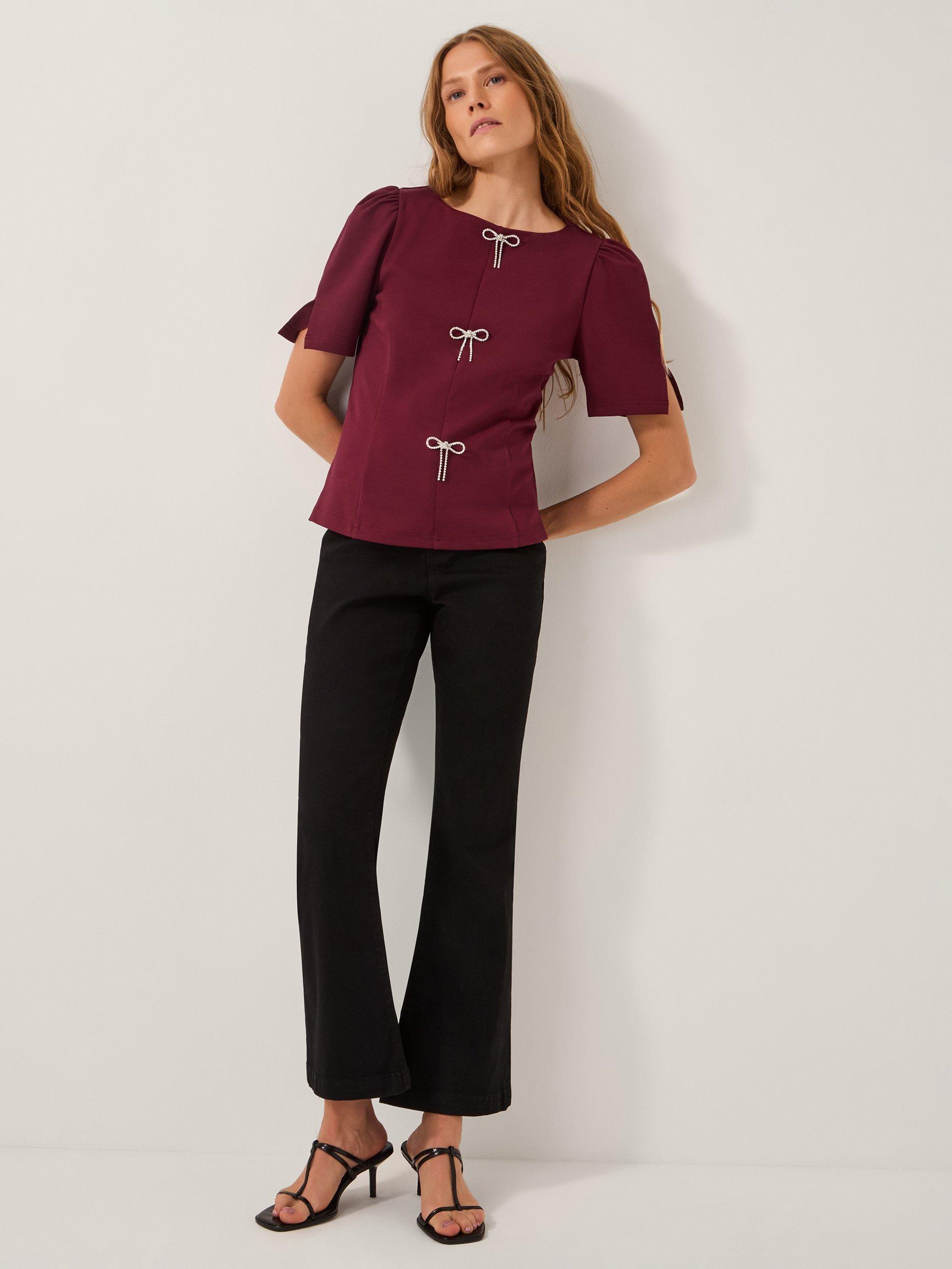 Product image 3 of 5, which shows Monsoon Brooke Diamante Bow Top, Burgundy, 12