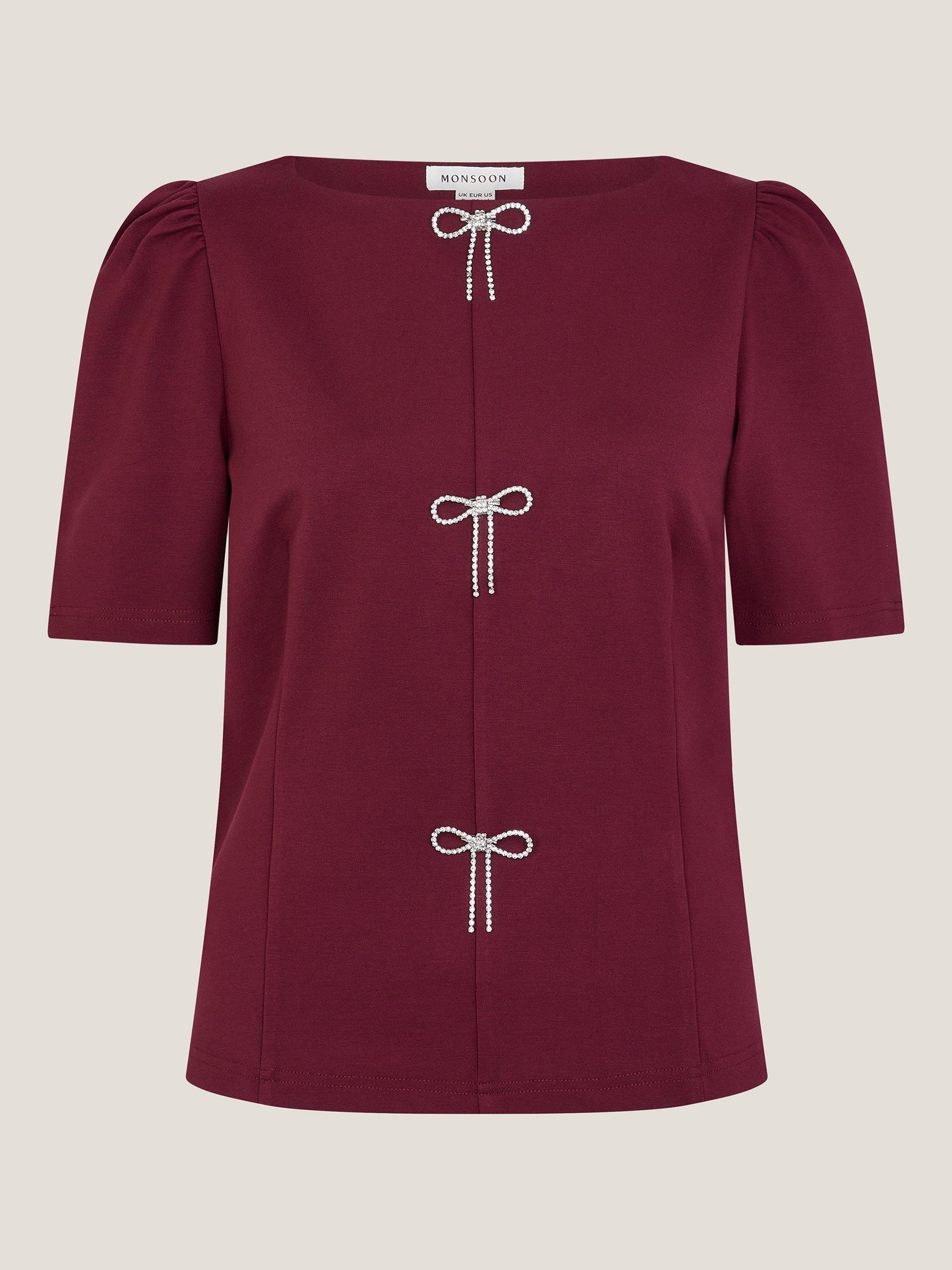 Product image 5 of 5, which shows Monsoon Brooke Diamante Bow Top, Burgundy, 12