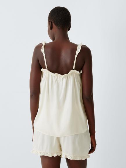John Lewis Frill Satin Short Pyjama Set, Ivory - view 2, Ivory