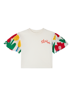 Stella McCartney Kids' Cotton Floral Puff Sleeve T-Shirt, Ivory, Ivory