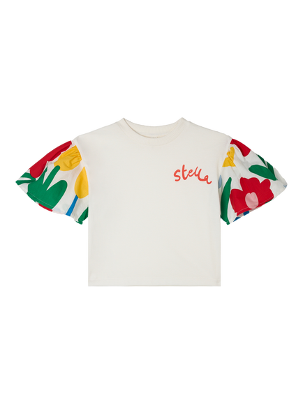 Stella McCartney Kids' Cotton Floral Puff Sleeve T-Shirt, Ivory, Ivory