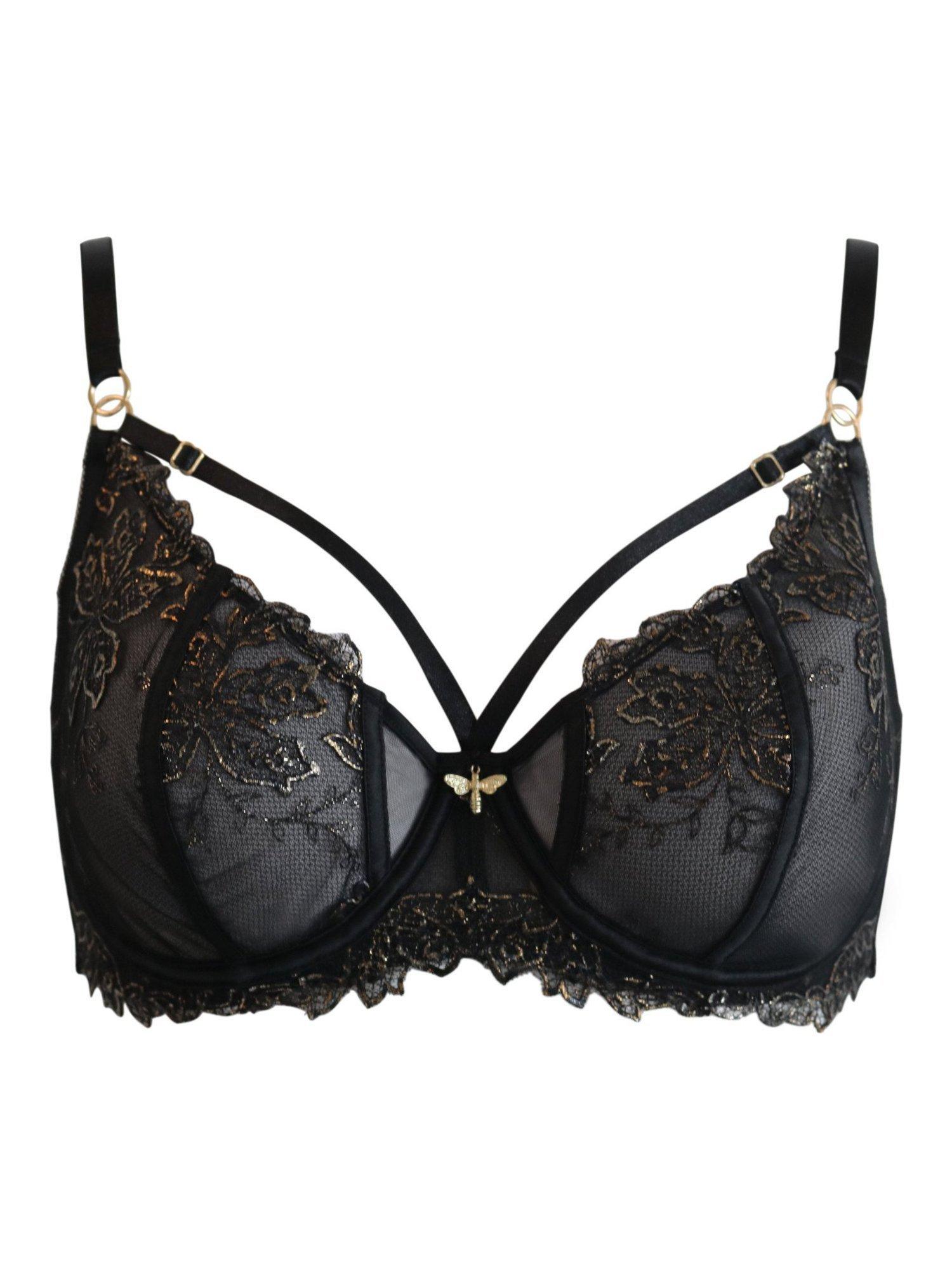 Product image 10 of 11, which shows Pour Moi Queen Bee Gold Embroidery Non Padded Bra , Black/Gold, 32C
