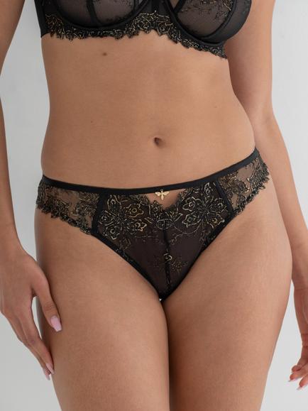 Pour Moi Queen Bee Gold Embroidery Cut Out Bikini Brief - view 2, Black/Gold
