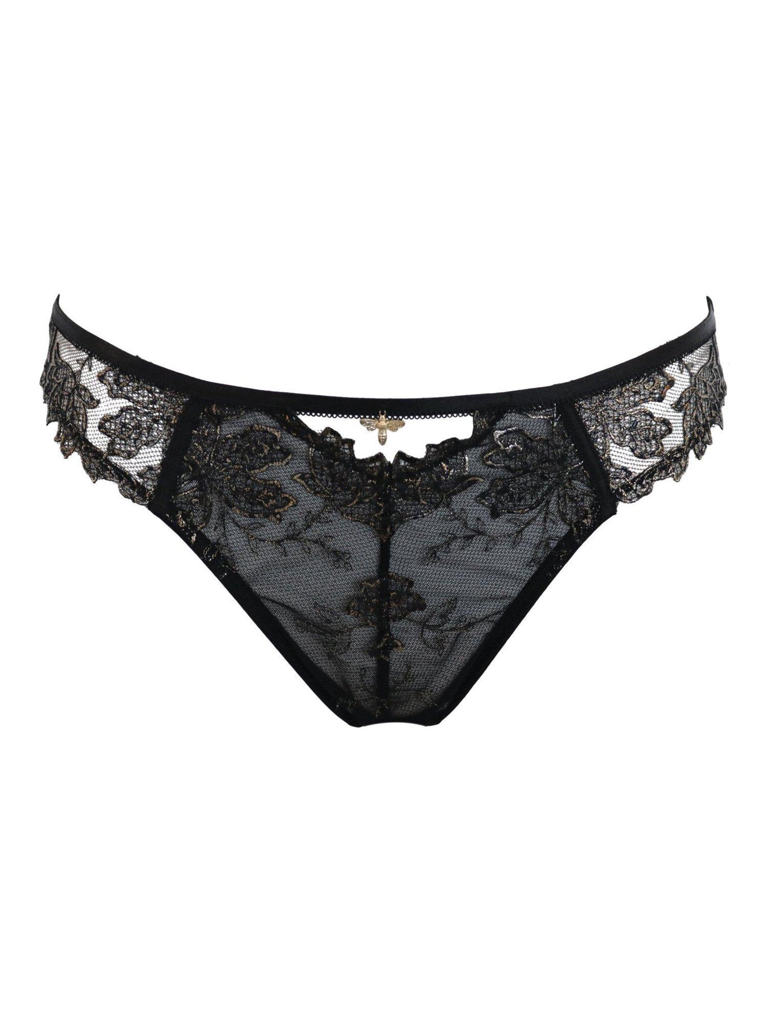 Product image 8 of 9, which shows Pour Moi Queen Bee Gold Embroidery Cut Out Bikini Brief , Black/Gold, 8