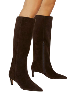 Dune London Smoothly Wide Fit Suede Kitten Heel Pointed Toe Knee High Boots, Brown - view 2, Brown-suede