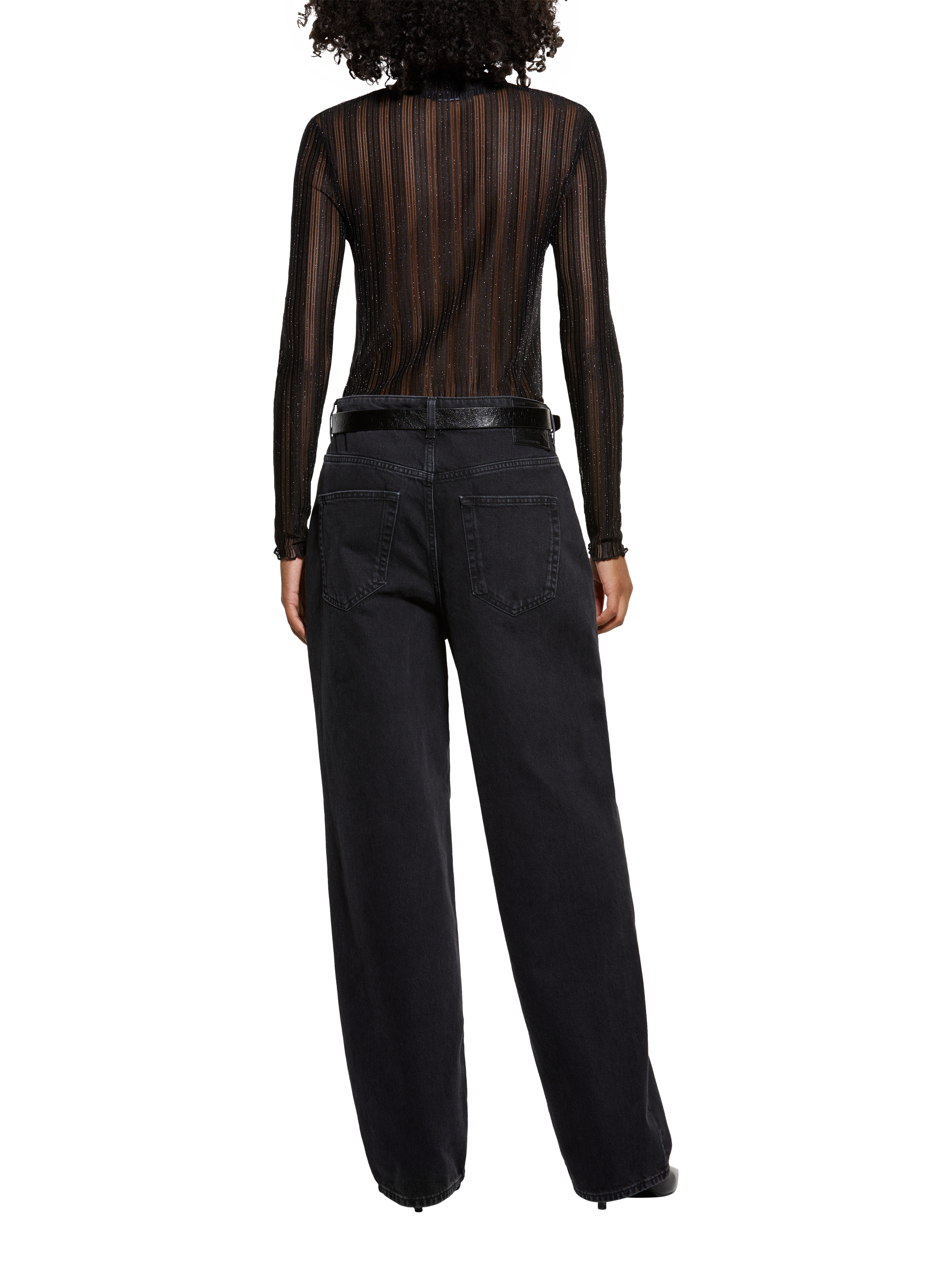 Product image 2 of 4, which shows SISLEY High Neck Long Sleeved Striped Blouse , Black, S