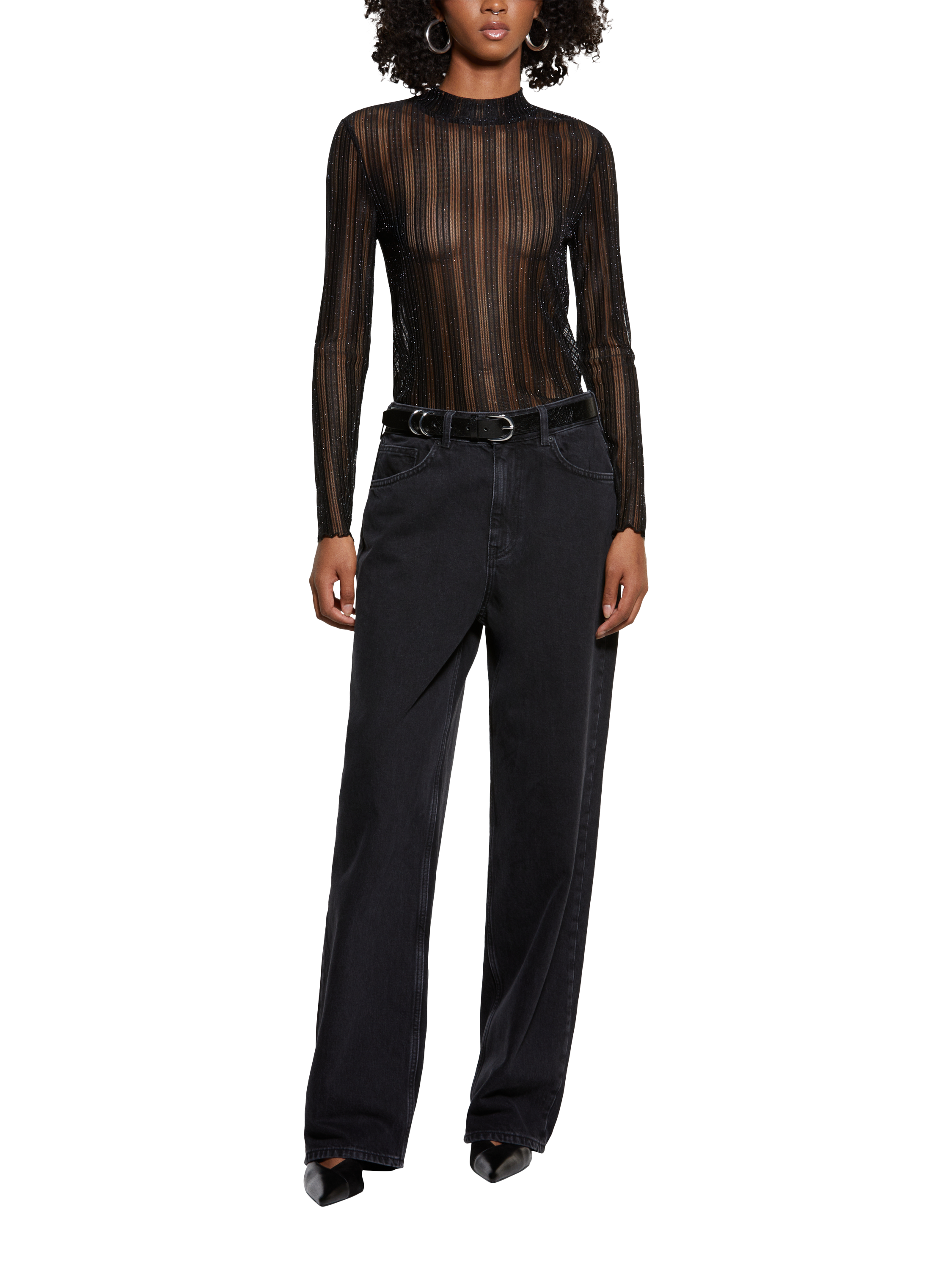 Product image 3 of 4, which shows SISLEY High Neck Long Sleeved Striped Blouse , Black, S