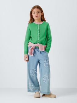 John Lewis Kids' Crew Neck Scallop Trim Cardigan, Green, Green